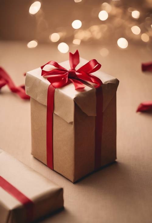 一个时尚的礼品盒，用棕色牛皮纸包裹，系着一条红丝带。