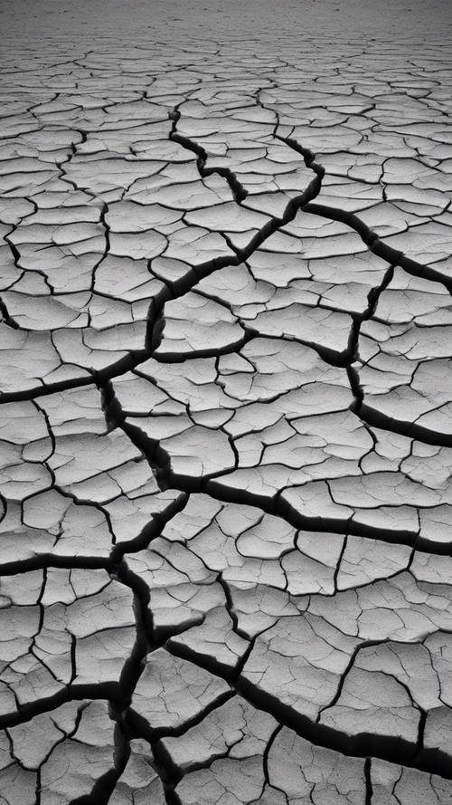 Ein abstraktes Graustufenbild, das die rissige, graue Erde in einer trockenen Wüste hervorhebt.