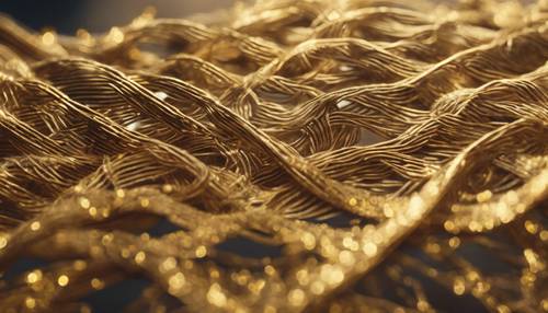 Benang emas ditenun secara rumit dalam pola abstrak.