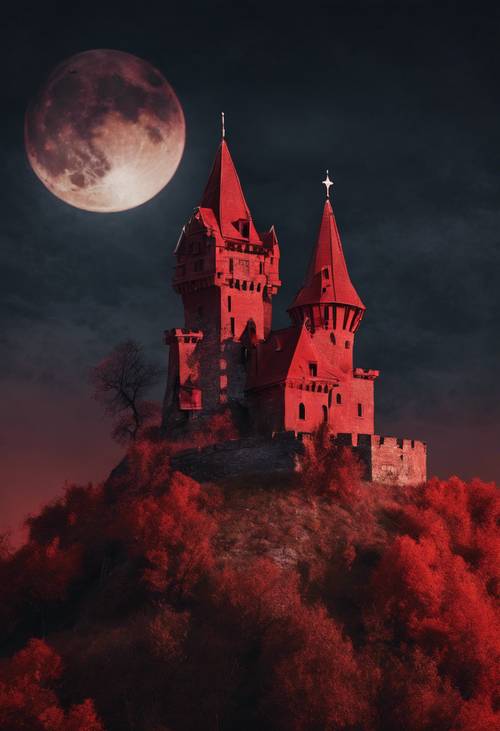 Ein Vampirschloss, das in einer Halloween-Nacht bedrohlich auf einem einsamen Hügel unter einem roten Mond thront.