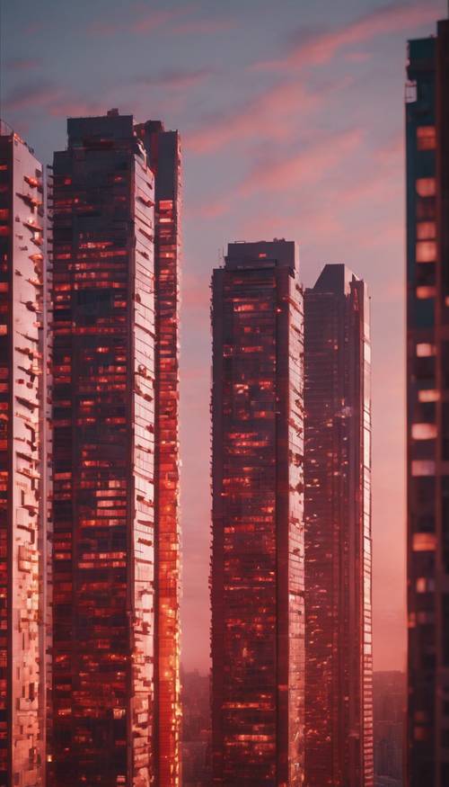 A tranquil city scene under the red glow of the setting sun, the sky high buildings bathed in the warm light.