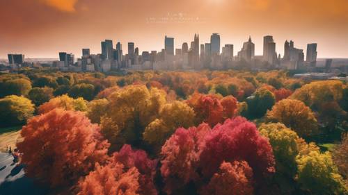 An aerial view of a city's park bursting with color from the changing trees, usual for September.