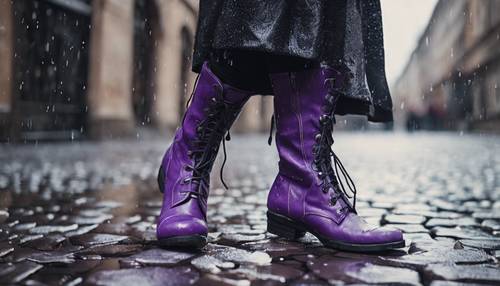Yağmurda arnavut kaldırımlı bir sokakta yürüyen bir çift şık mor gotik çizme.