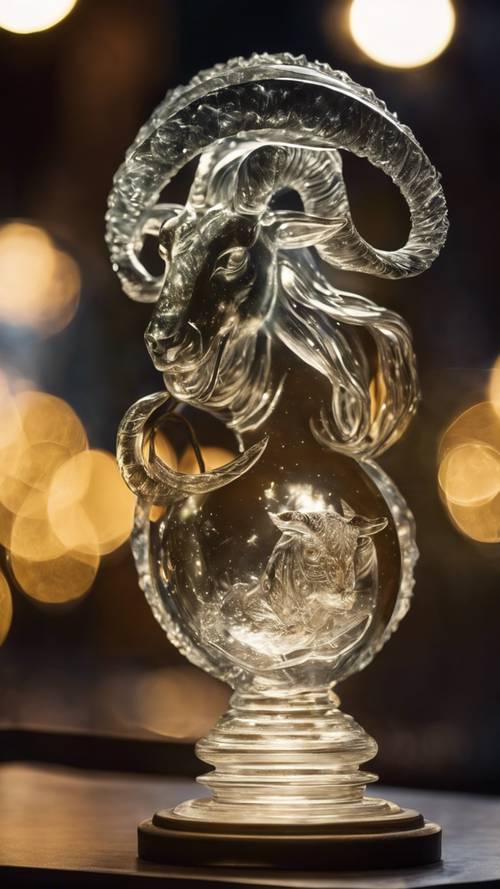 A glass sculpture depicting Capricorn under spotlight.