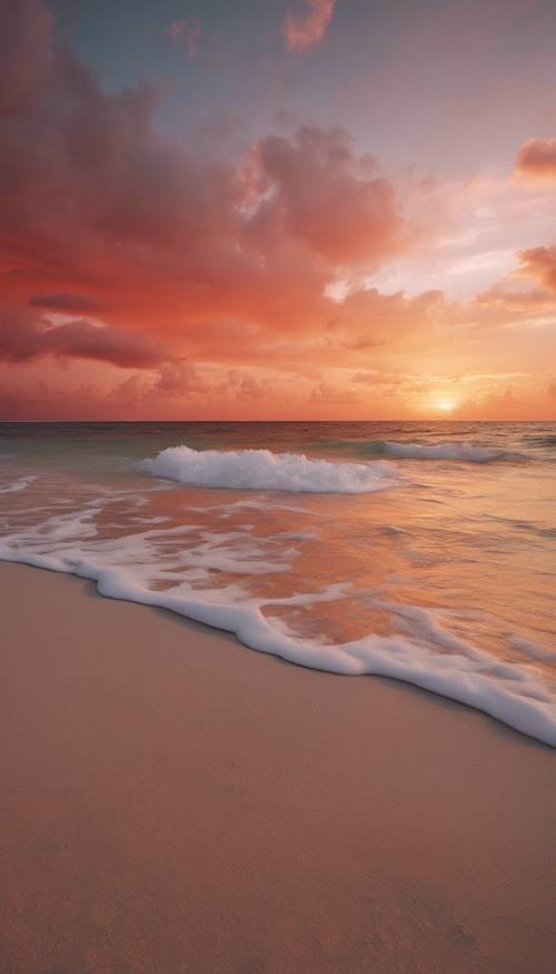 Pantai Karibia yang tenang saat matahari terbenam, dengan warna merah dan oranye menghiasi langit.