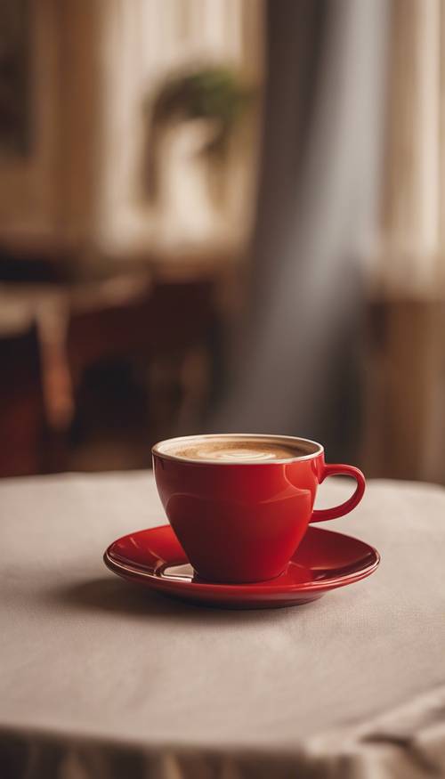 Uma imagem de uma xícara de café vermelha com creme, sentada sobre uma toalha de mesa bege.