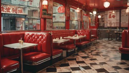 一家老式的香港式茶餐厅，有经典的格子地砖、圆边桌子和红色卡座。一面墙上摆满了玻璃柜，里面装满了不同风格的面包。