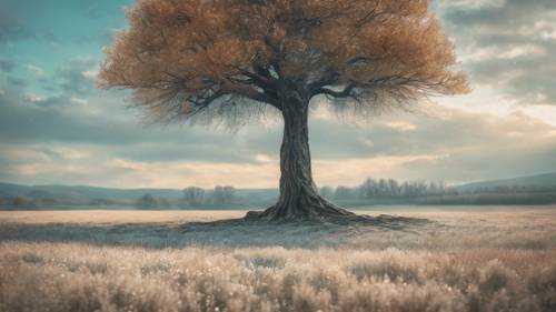 A painting of a lone teal tree in the middle of a tranquil plain.