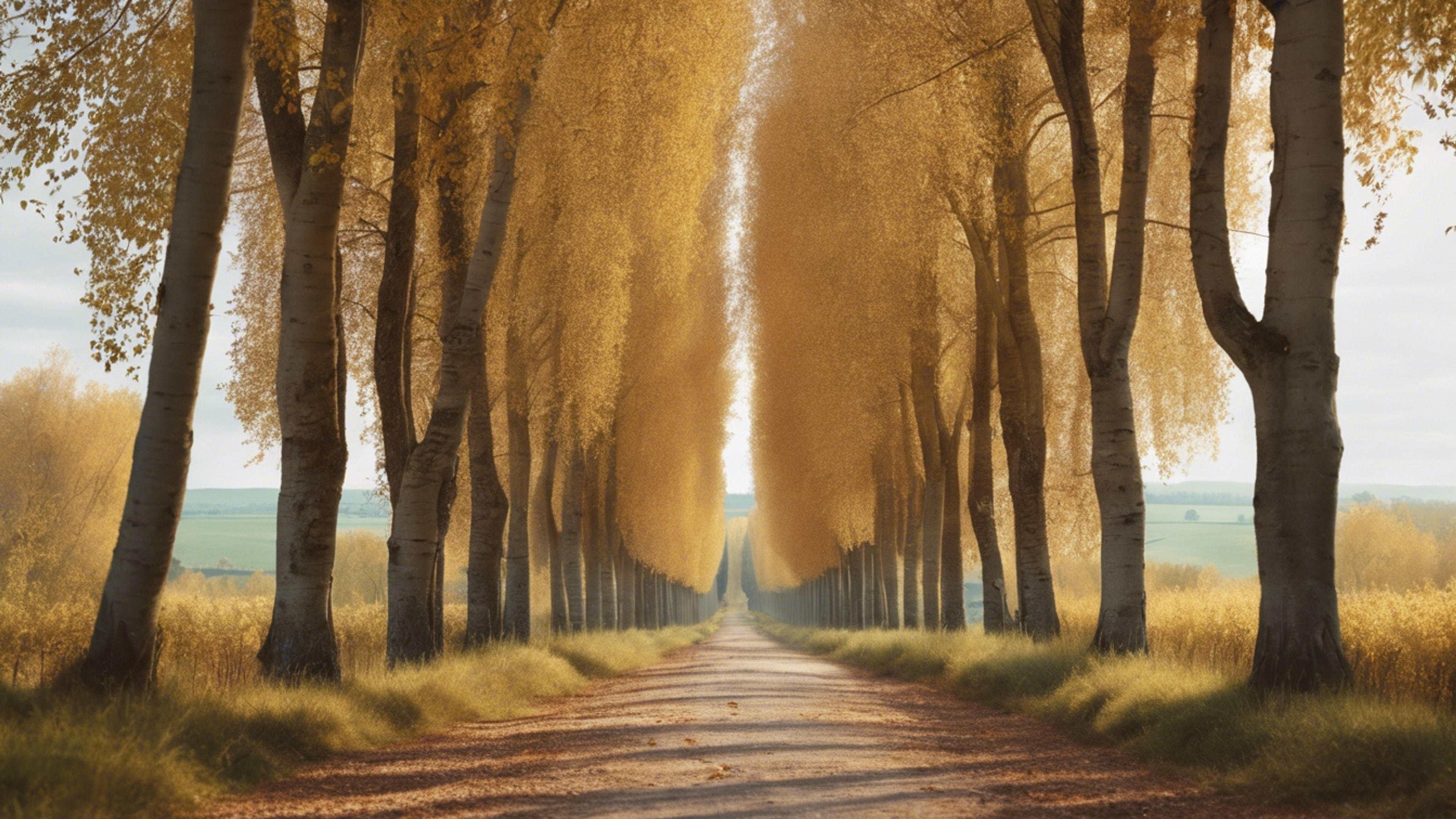A peaceful French country lane lined with tall, mature poplar trees in autumn. Tapeet[76d1ad7093004c7494eb]