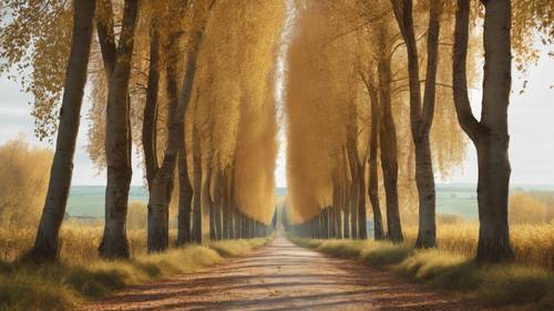 A peaceful French country lane lined with tall, mature poplar trees in autumn.