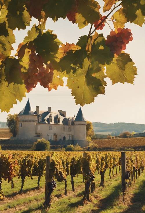 An idyllic French vineyard with rows of grapevines, a stone chateau in the distance, and workers harvesting grapes in the autumn sun.