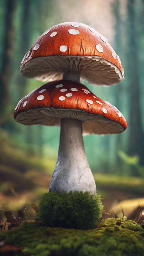 Un dipinto digitale di un simpatico fungo che ricorda un pezzo degli scacchi su una scacchiera a tema forestale.