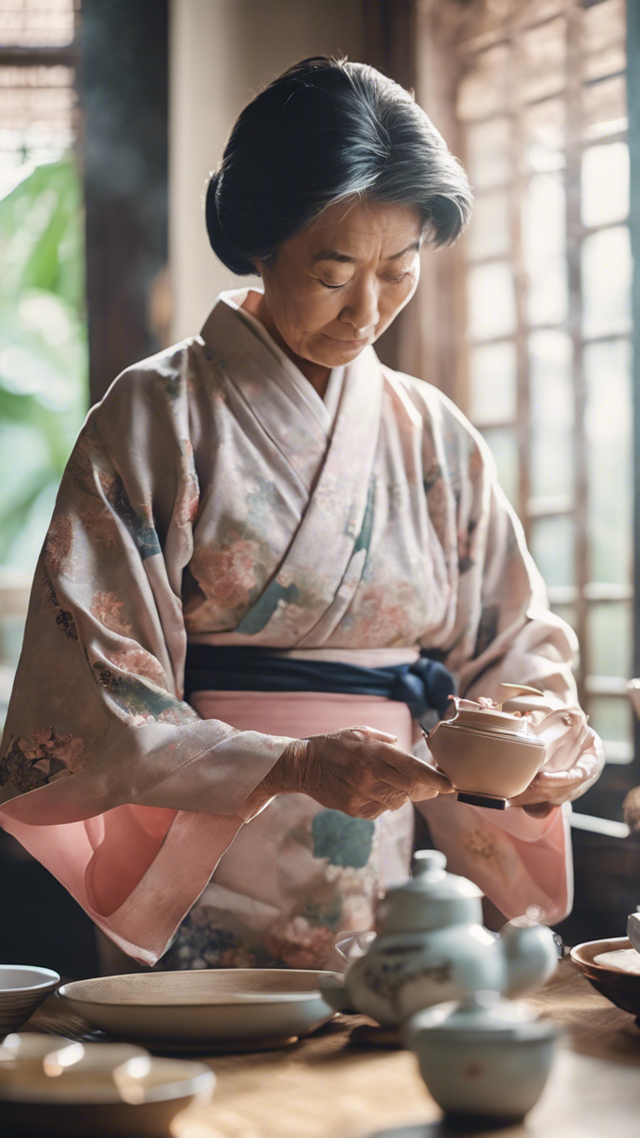 A mid-aged woman in a soft pastel-colored kimono skillfully preparing tea, with focused expression.壁紙[7079b4bbe9c240848a85]
