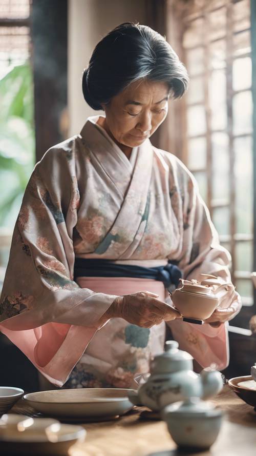Seorang wanita paruh baya dengan kimono lembut berwarna pastel dengan terampil menyiapkan teh, dengan ekspresi terfokus.