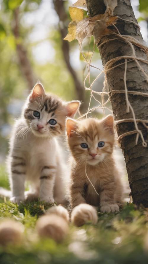 مجموعة من القطط الصغيرة تلعب بكرة من الغزل تحت شجرة البتولا.