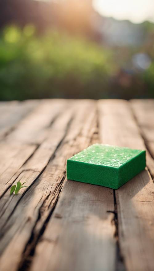 Un unico, vibrante mattone verde appoggiato su un tavolo di legno nella morbida luce del sole mattutino.