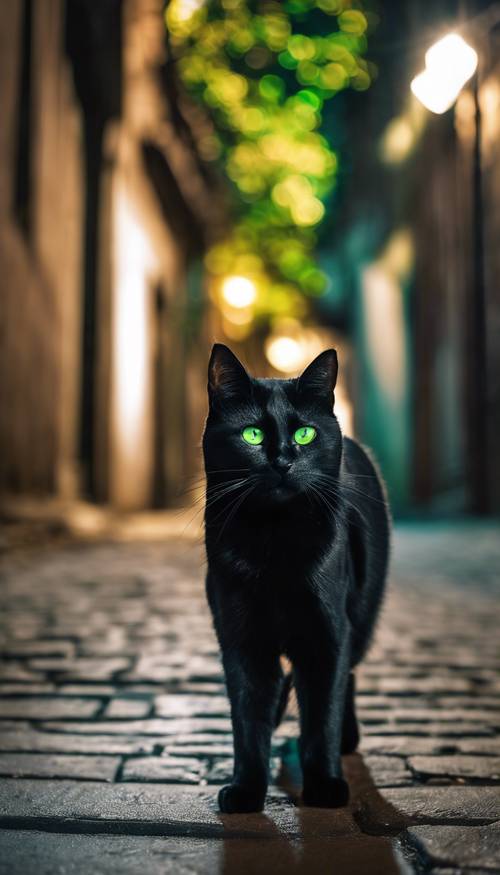 A mysterious black cat with glowing green eyes in a dark alley.