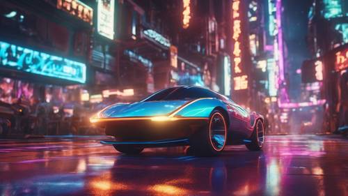 Un&#39;auto volante elegante e veloce che corre attraverso le strade illuminate al neon di una città futuristica.