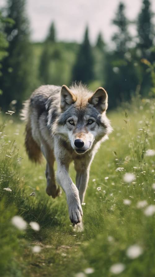 Ein verspielter junger Wolf mit silbernem Fell, der auf grünen Sommerwiesen umherläuft.