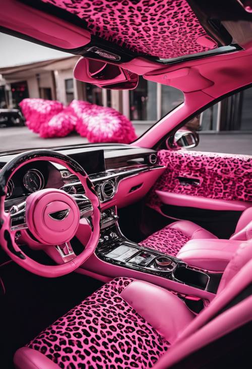 The inside of a flamboyant luxury car decked out with hot pink leopard print seat covers.