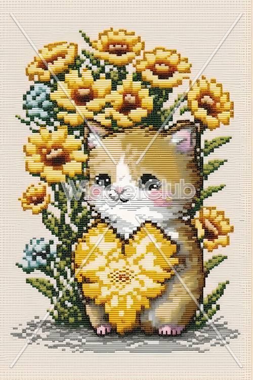 かわいい猫とひまわりの刺繍デザイン