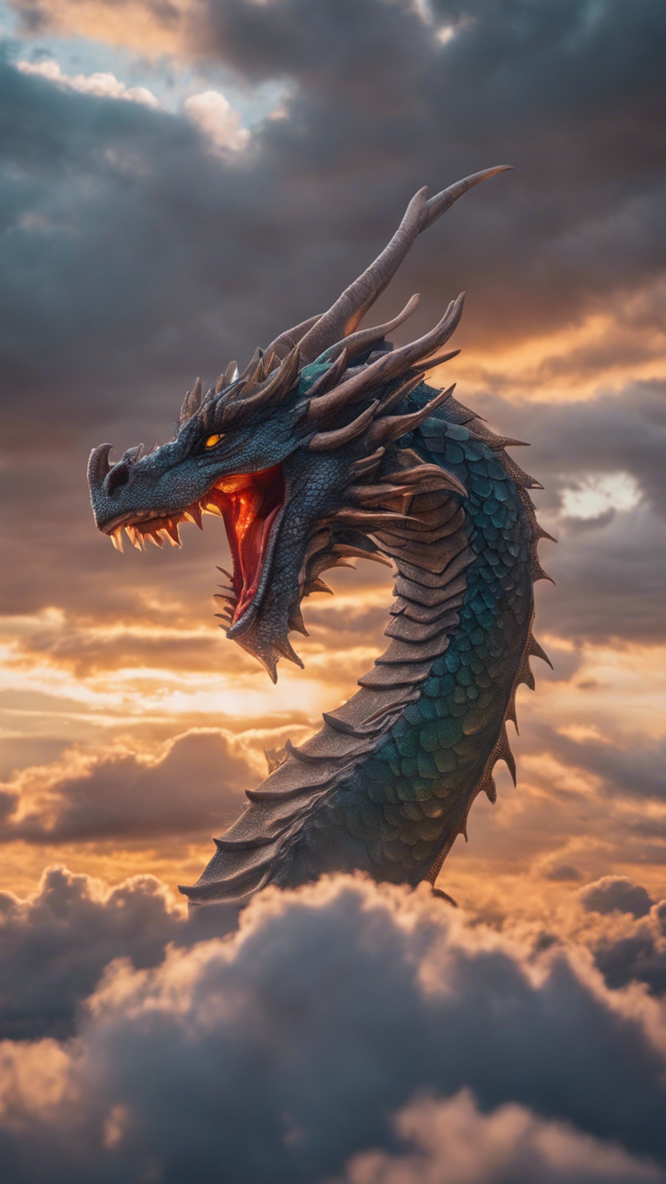 A dragon of pure light breaking through the clouds as the sun sets, its scales reflecting the vibrant colors of dusk. Hintergrund[43b0d43f7e0c44e88acd]