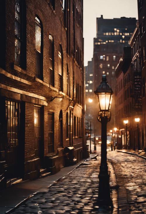 Uma vista romântica de um antigo beco de paralelepípedos na cidade de Nova York, sutilmente iluminado pelo brilho das antigas lâmpadas de rua à noite.