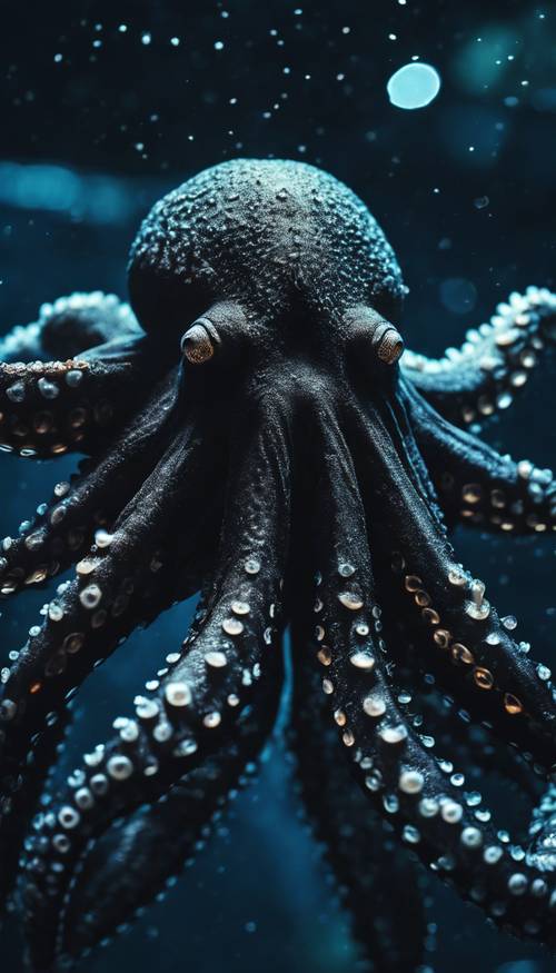 A colossal black octopus swimming in the night sea.