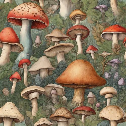 Винтажная ботаническая иллюстрация, демонстрирующая множество красиво нарисованных красочных грибов в безмятежной деревенской обстановке.
