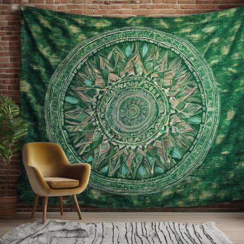 A handmade green boho tapestry with abstract designs hanging on an old brick wall