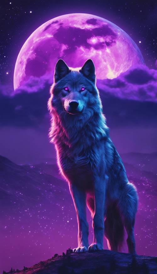 Un mistico lupo viola con occhi al neon in piedi su una montagna viola contro un cielo notturno stellato.