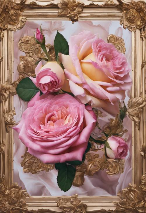 Uma pintura em estilo renascentista apresentando uma variedade de rosas cor de rosa e detalhes dourados.