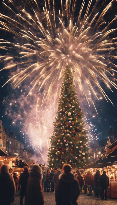 Fogos de artifício espetaculares explodindo no céu acima de uma praça de mercado de Natal cheia de alegria natalina.