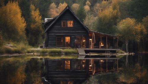 A quaint rustic cabin nestled in the depths of a forest, reflected on a tranquil black pond.