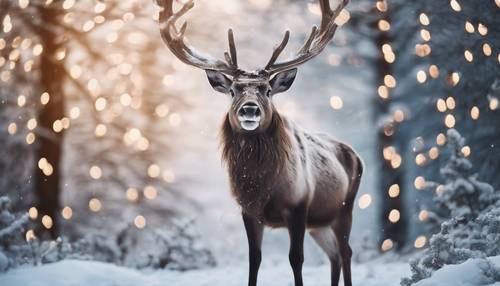 A reindeer with majestic antlers standing in a snowy landscape, twinkling Christmas lights wrapped around its horns. Tapeta na zeď [37454cc99c33474a836f]