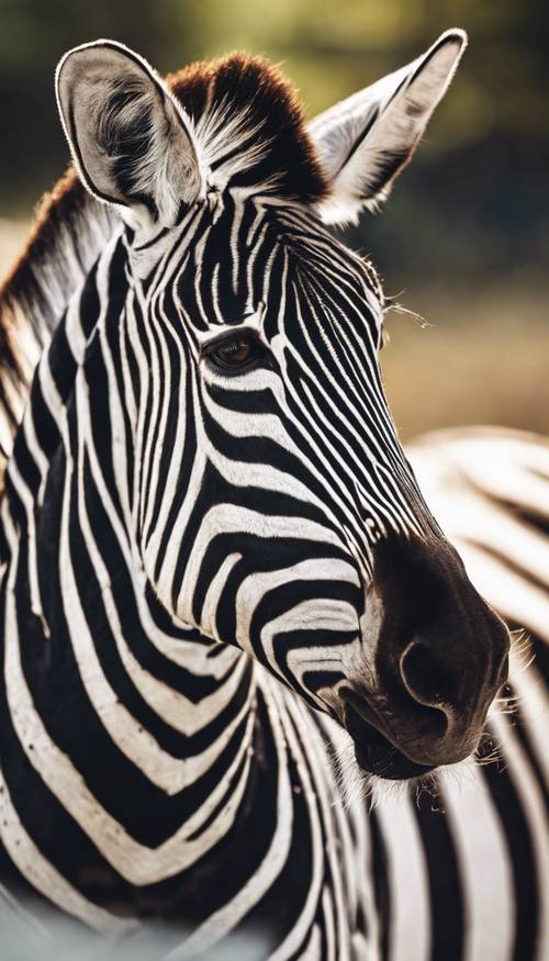 A close-up of a zebra showing its unique white and black stripes