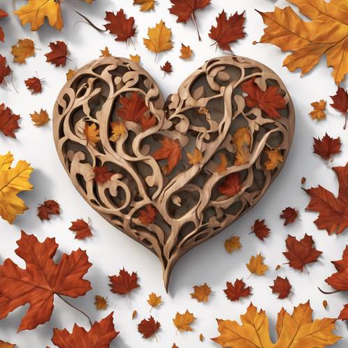 A wooden 3D heart nestled among fall leaves. Тапет [d076e4b8a06545f39aab]