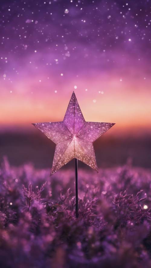 An illustrated dreamy star, shining brightly in a purplish twilight sky. Tapet [ebf630757f6945f3a616]