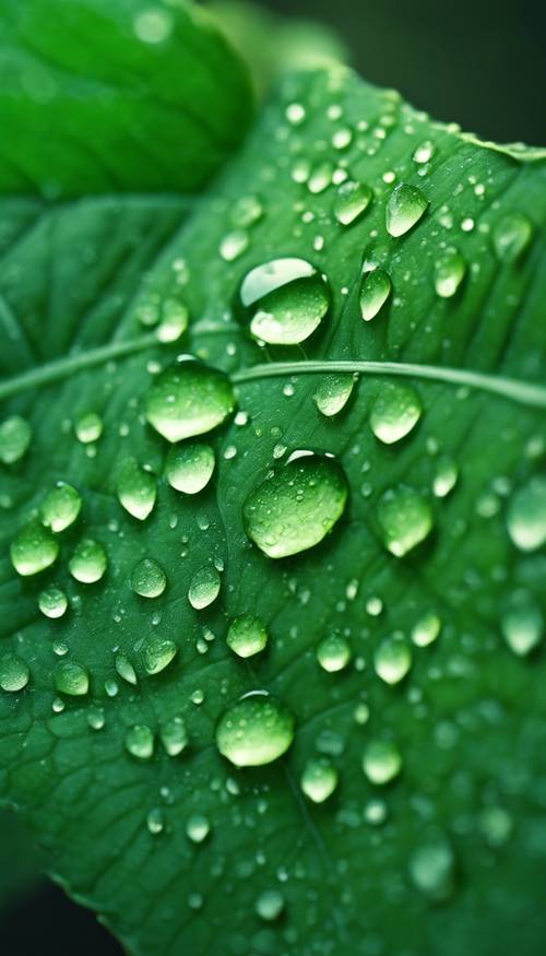 표면을 장식하는 수분 방울이 있는 생동감 넘치는 에메랄드 녹색 잎 한 장의 클로즈업 보기.
