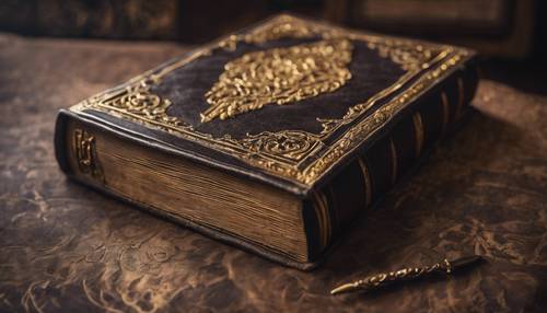 An antique, dark leather book cover with ornate gold embossing.