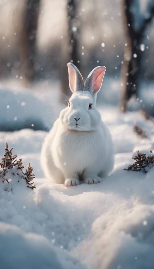 Мирная зимняя сцена, изображающая белого кролика, сливающегося со снегом. Обои [b90cdceaf888454d8ac9]
