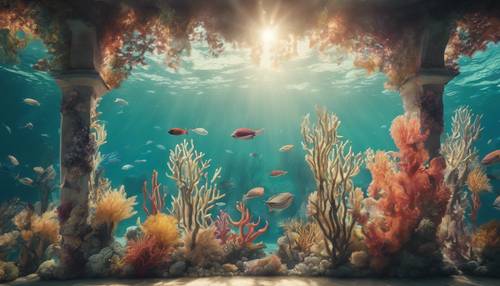 A mural of an underwater garden, with multicolored corals and swaying seaweed bathed in soft, filtered sunlight. Tapet [bf10f41532054b5ea473]