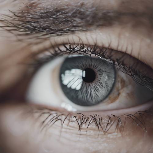 תקריב של עין אפורה בהירה עם פרטים מורכבים סביב הקשתית.
