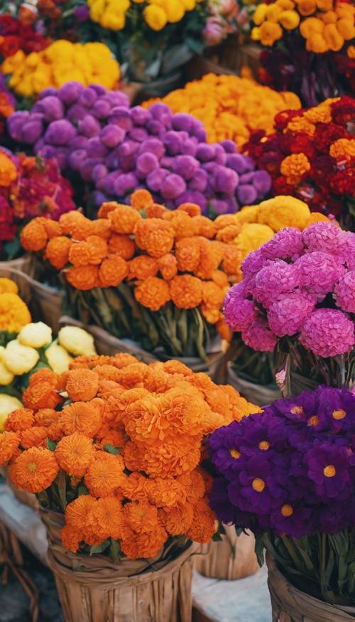 A Mexican flower market brimming with all sorts of blooms and colors, including bright oranges, deep purples, and cheerful yellows.