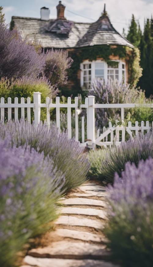 かわいらしいコテージ風庭園の壁紙　ラベンダー、ローズマリー、タイムが満開　白い柵に囲まれた理想のガーデン
