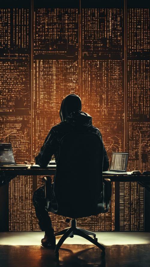 A hacker sitting in a darkened room filled with multiple monitors displaying glowing lines of code. Tapet [95895e7e721f4573886f]