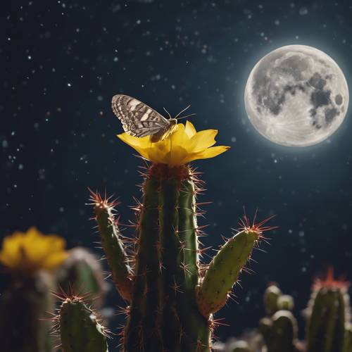 Seekor ngengat dengan anggun beterbangan di atas bunga kaktus musim gugur yang mekar di malam hari di bawah bulan purnama