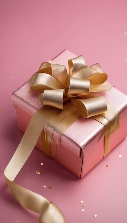 A gold textured ribbon elegantly tied around a pink glossy gift box. Tapeta [88439f90f9f14e149c7e]