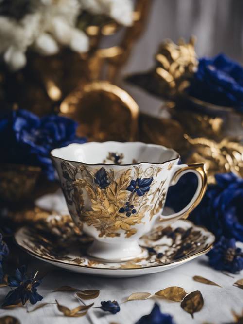 Một tách trà cổ điển được trang trí bằng những bông hoa màu xanh nước biển tinh xảo và những chiếc lá vàng.