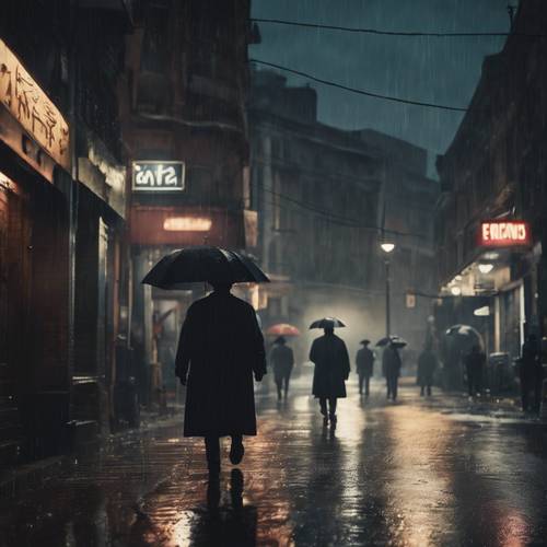 Uma foto atmosférica de uma rua escura e chuvosa, com um clube da máfia funcionando ao fundo.